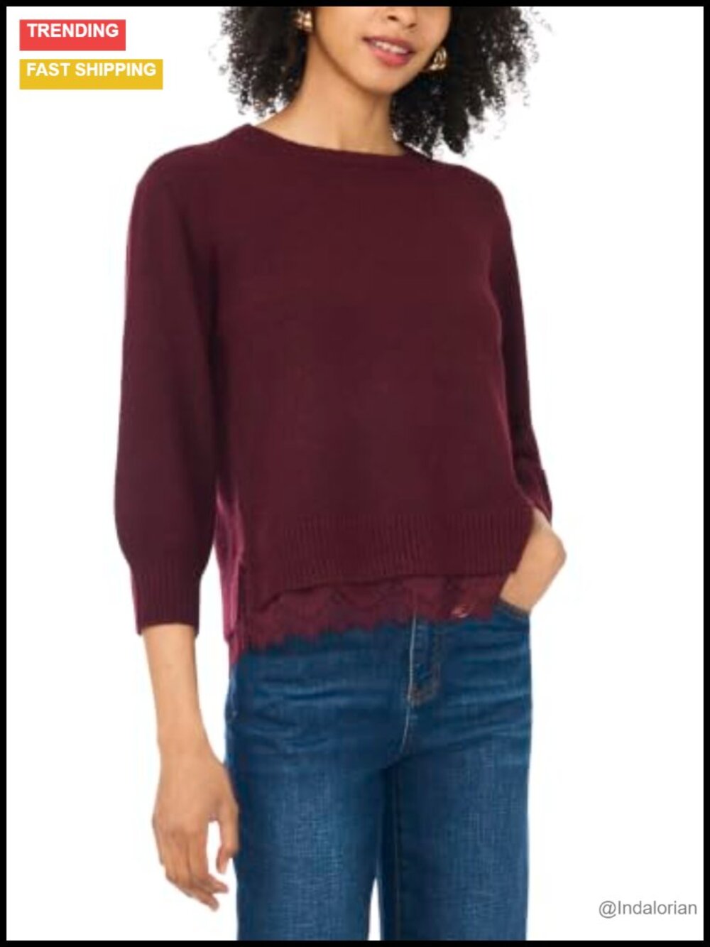 Lace Hem Cropped 3/4 Sleeve Knit Pullover Sweater